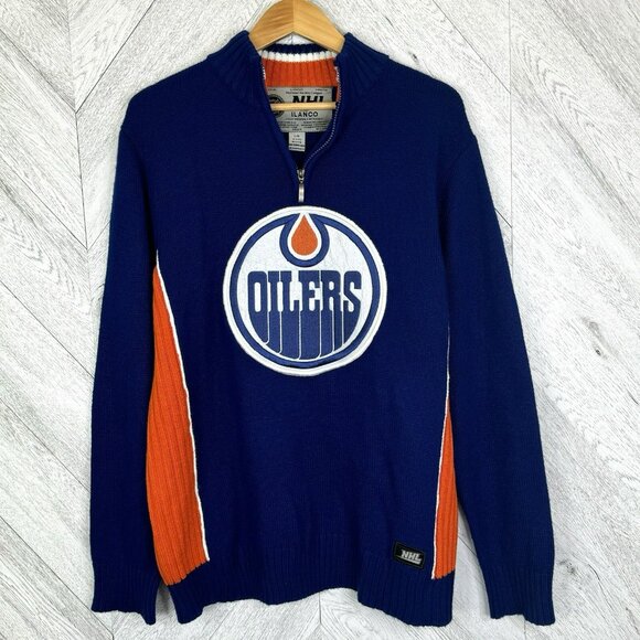Edmonton Oilers NHL Hockey Sweater Mens Size Large Knit Pullover 1/4 Zip - Picture 1 of 5